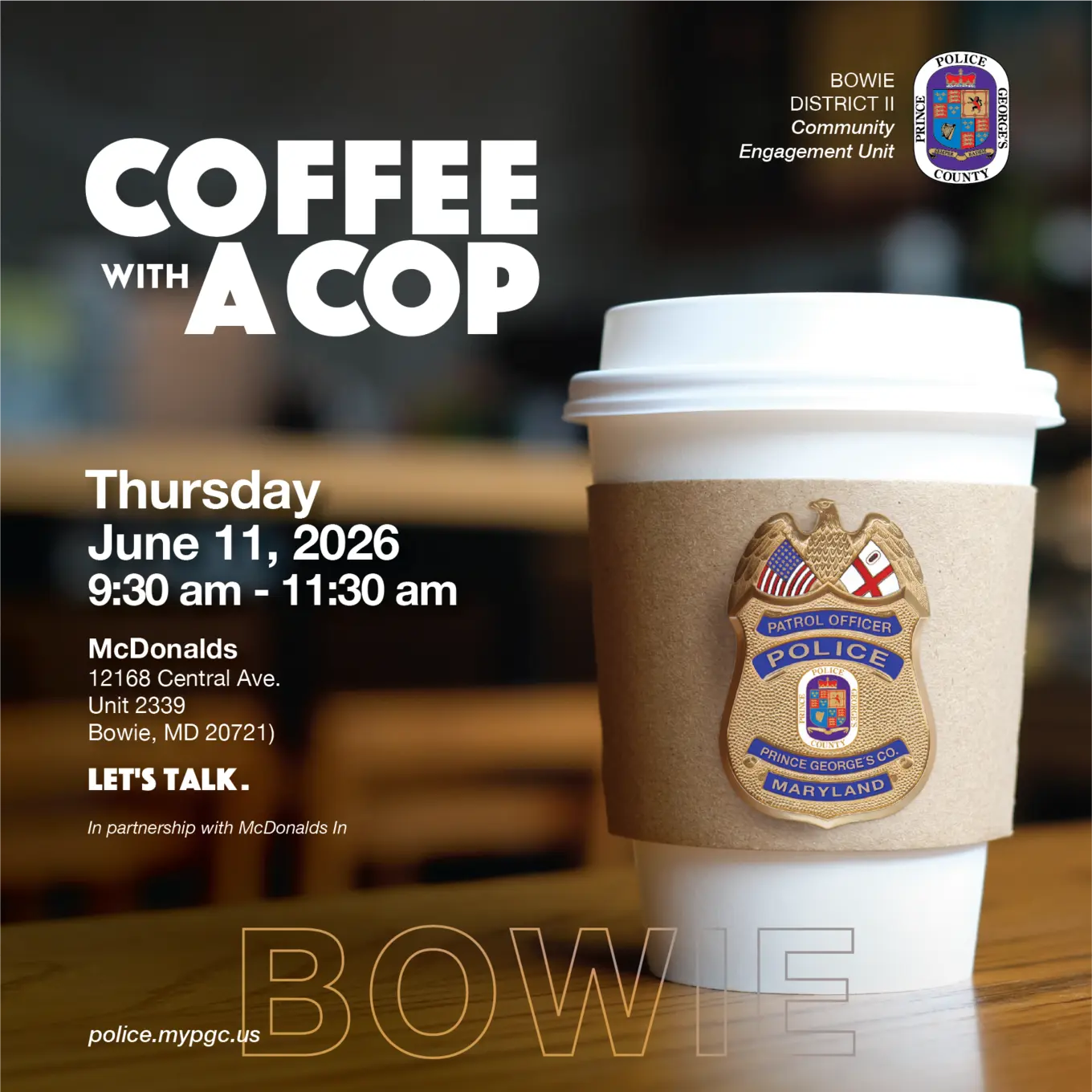 Coffee Cup with Police Badge Invitation to June 11 2026 Community Event