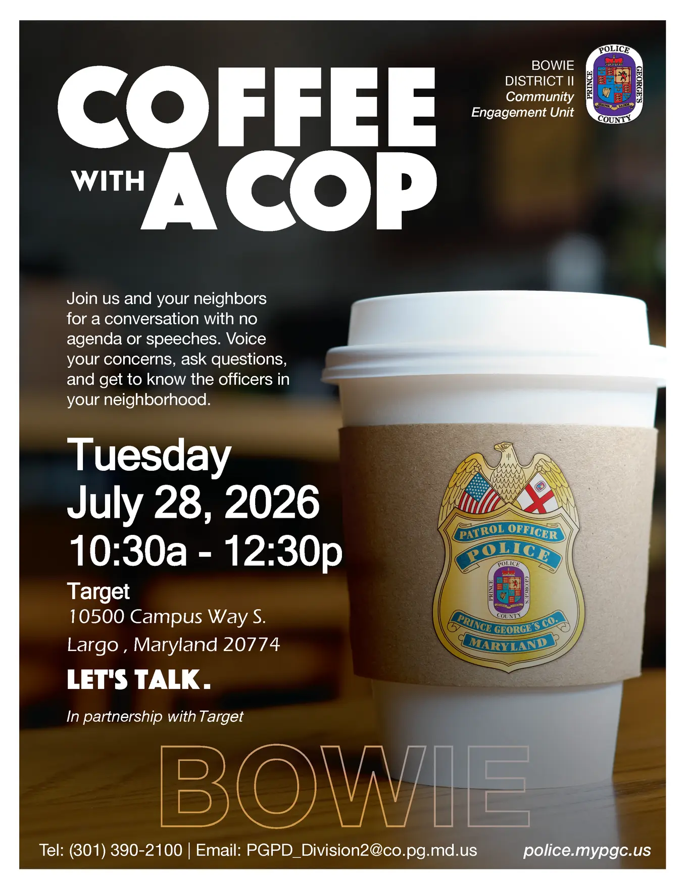Coffee Cup with Police Badge Inviting Community to Coffee Club Event