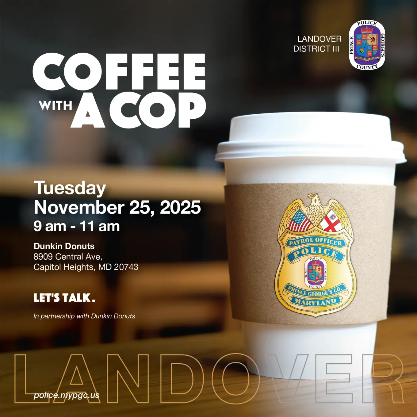 Coffee Cup with Police Badge Inviting Community to Coffee Club Event
