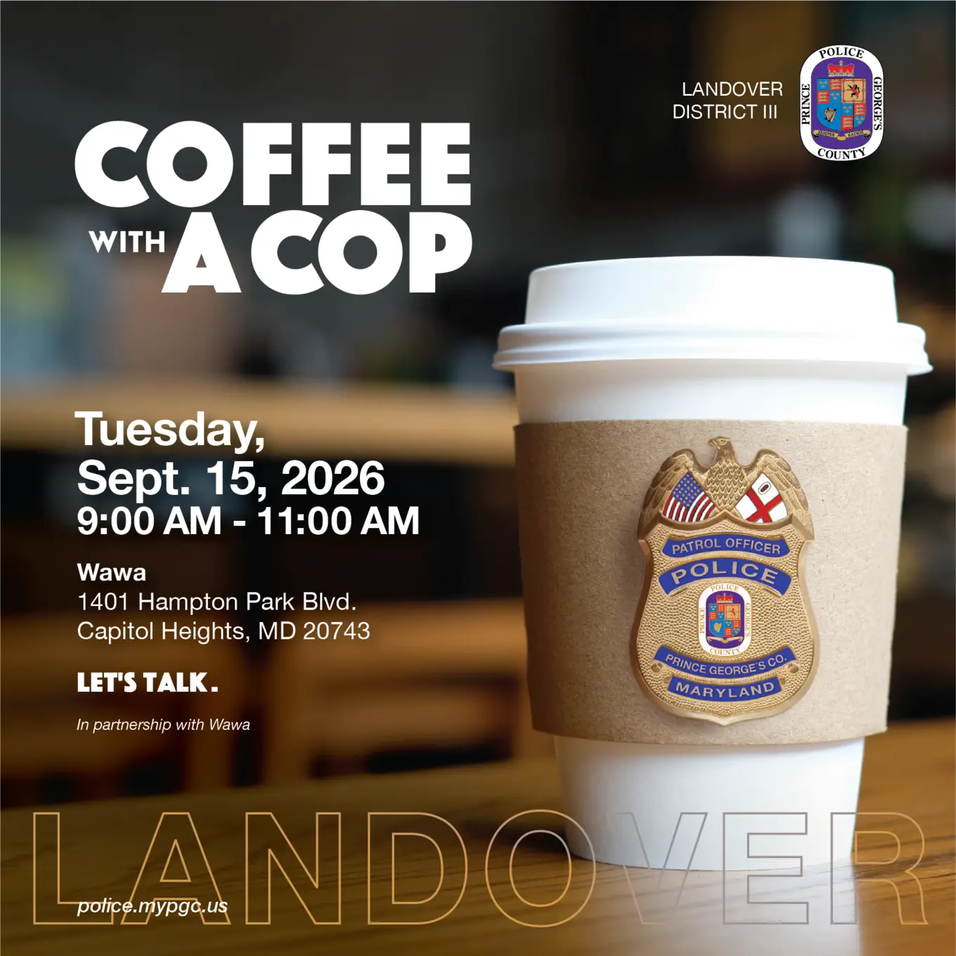 Coffee Cup with Police Badge Inviting Community to Coffee Club Event