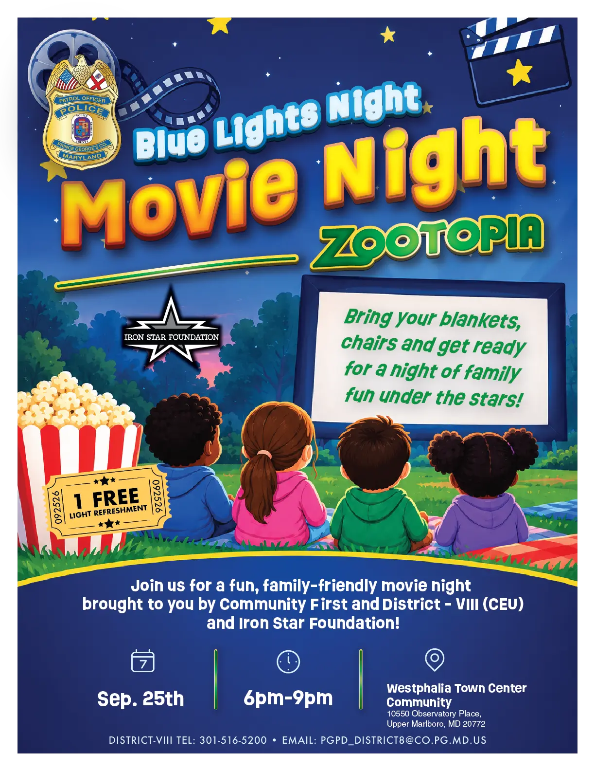 Police department movie night flyer with children on lawn watching movie screen