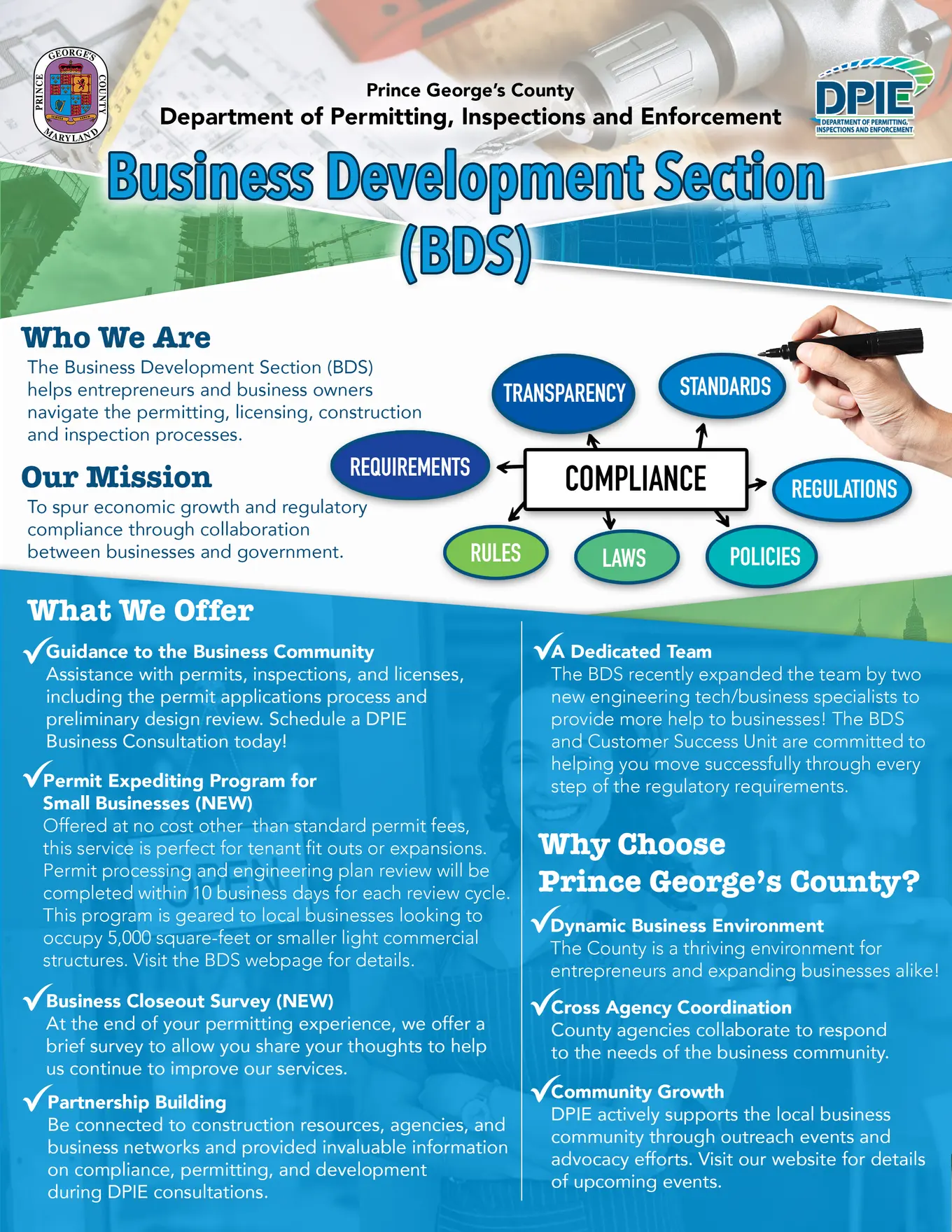 Business Development Section — What We Do! flyer with blue background and text covering mission and services
