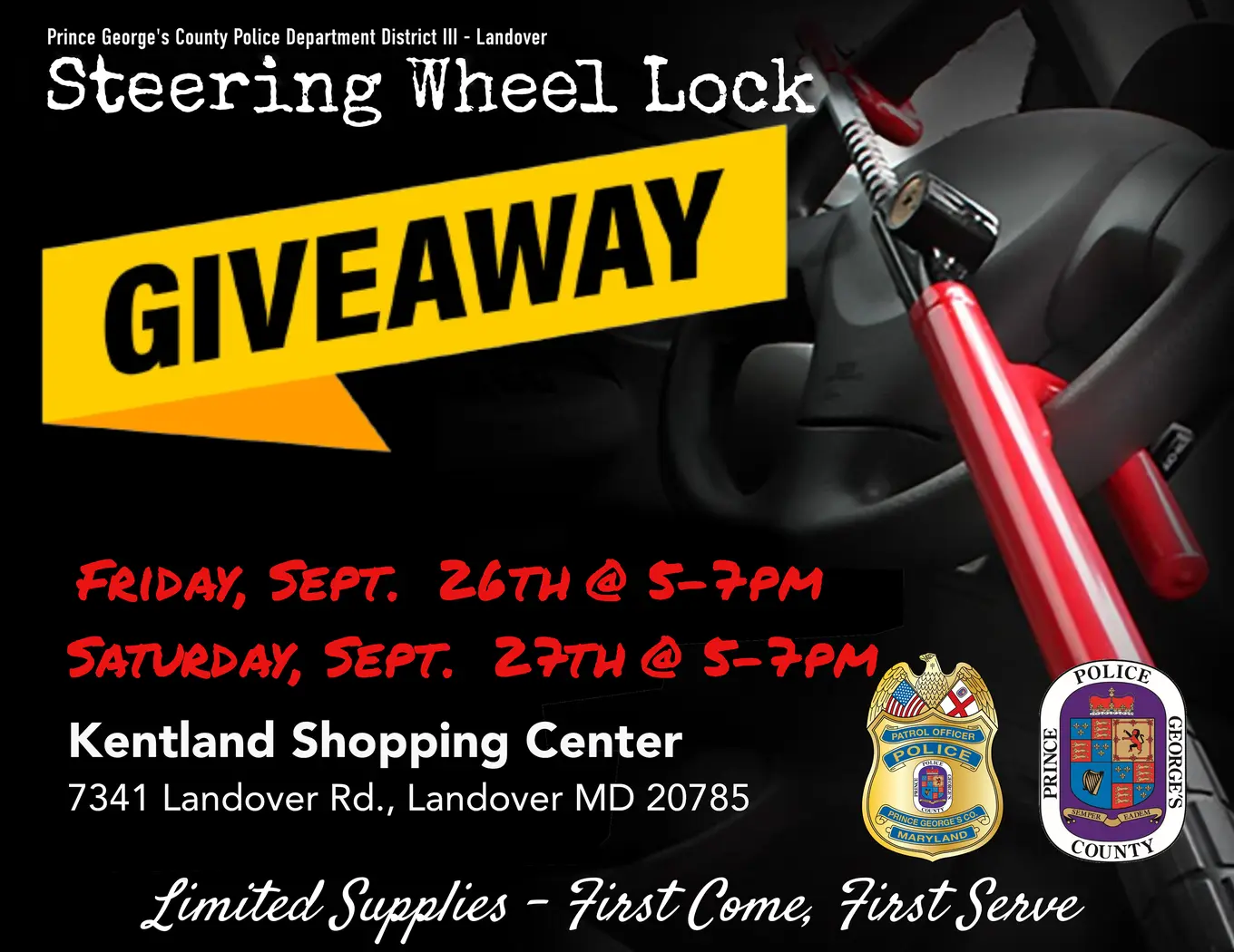 wheel lock on steering wheel. Yellow banner with Giveaway written across.