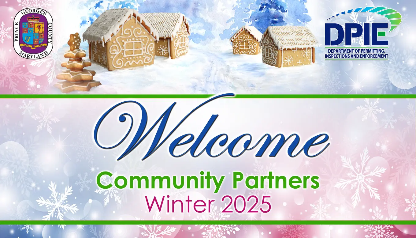 DPIE Community Partners' Winter 2025 cover slide of gingerbread houses and snowflakes