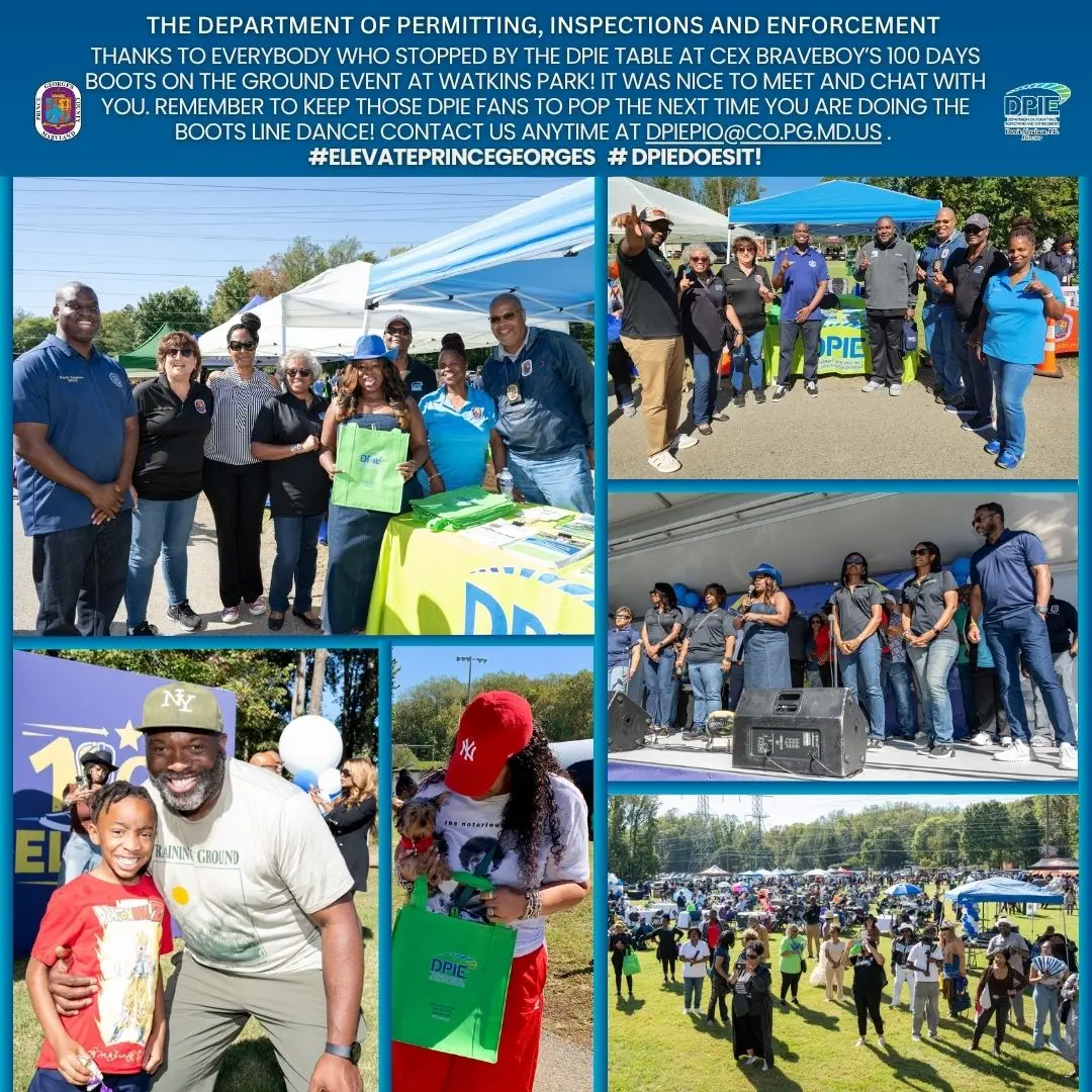 CEX Braveboy’s 100 Days Boots on the Ground event at DPIE's table, with CE Alsobrooks, residents, and coworkers at Watkins Park
