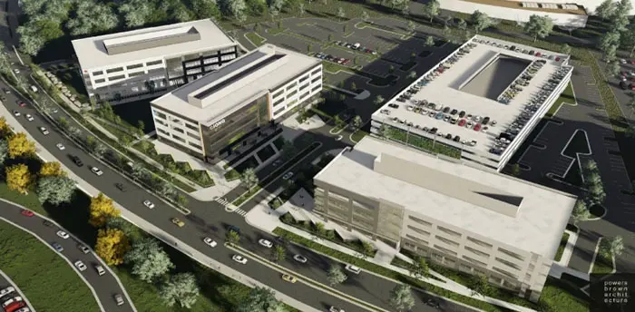 4 buildings comprising the Discovery District Quantum Research Center next to road