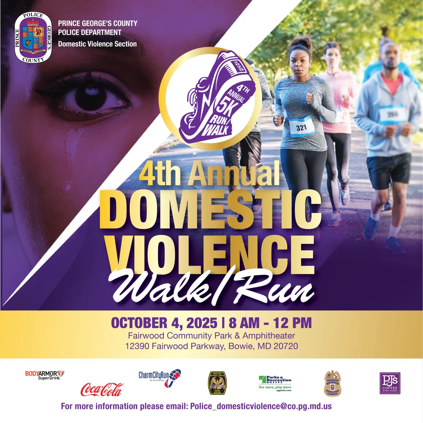 Domestic Violence women with tear on left side of graphic on right side people running.
