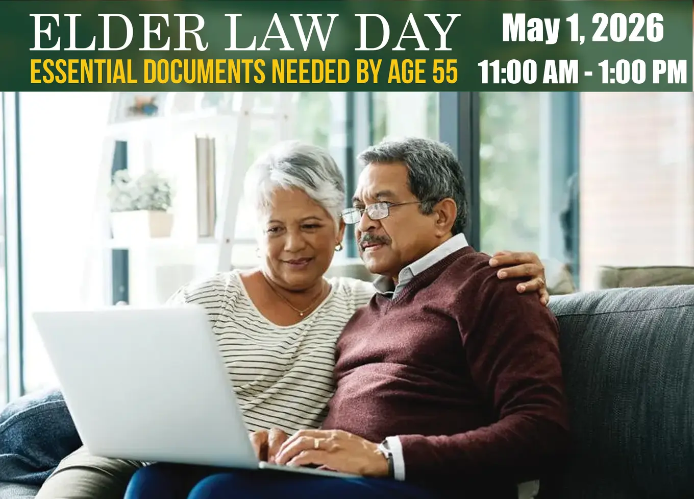 Elder Law Day graphic with couple sitting at a computer