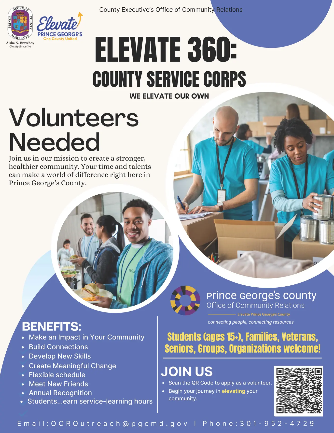 Elevate 360 Volunteer recruitment flyer
