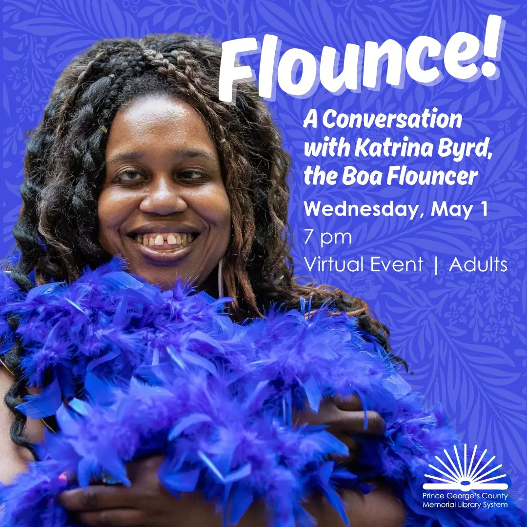 Image of Katrina with blue feather boa and event title