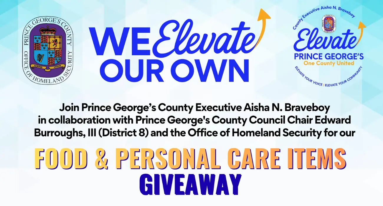 "We elevate our own" food and personal items giveaway with blue and white geometric faded background