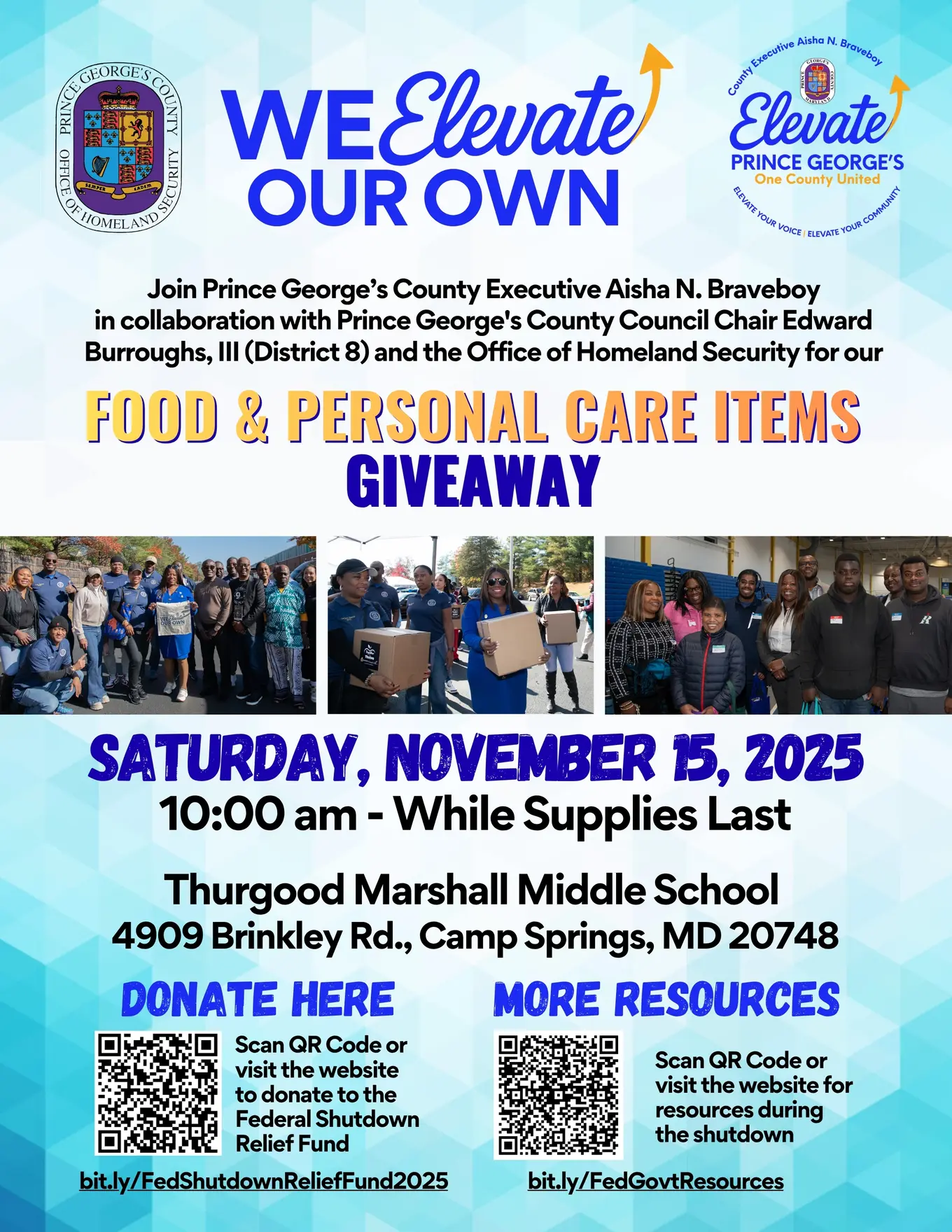 "We Elevate Our Own" Food and Personal Items Giveaway Flyer with blue and white geometric background