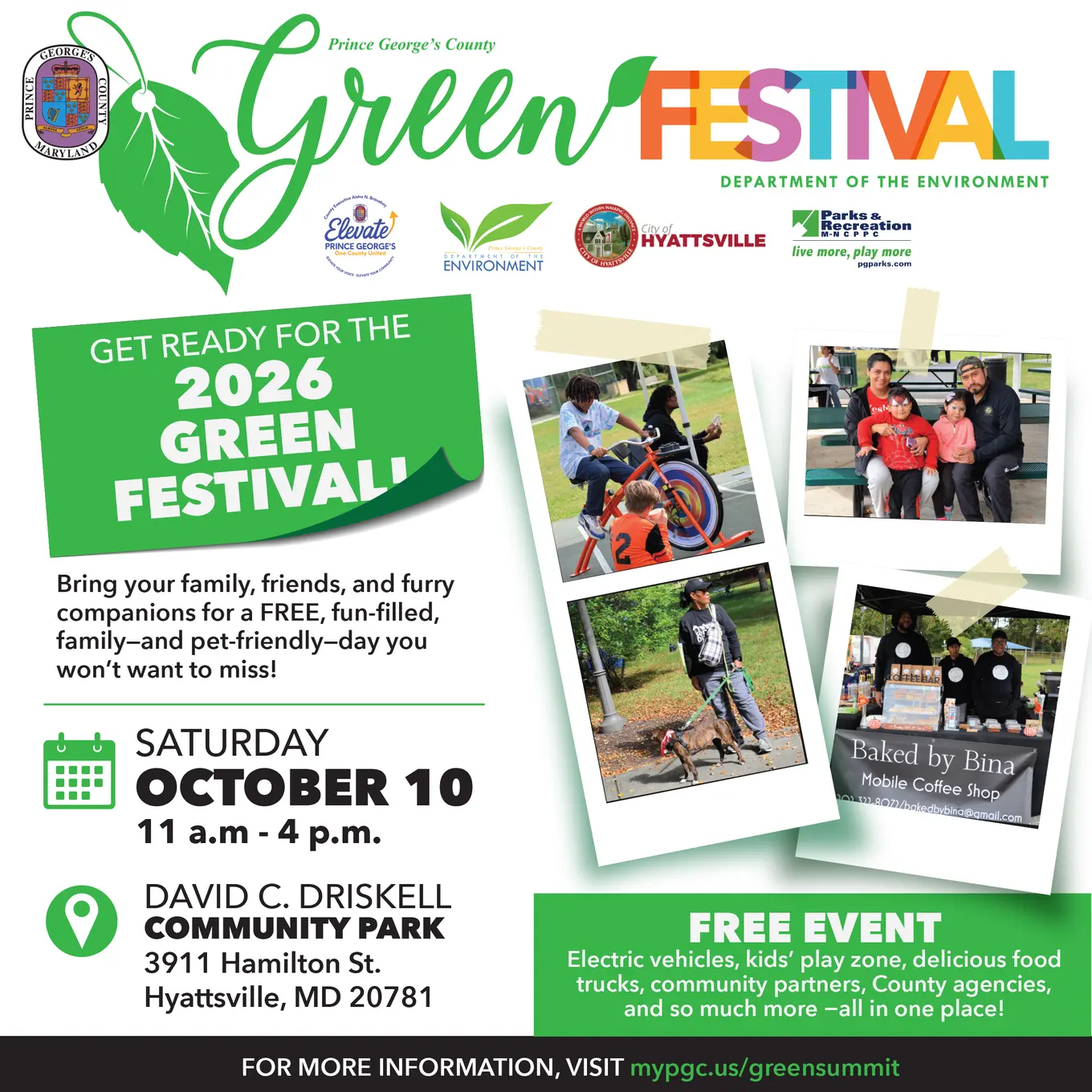 Flyer depicts images from previous Green Festival events and provides event details for the 2026 event