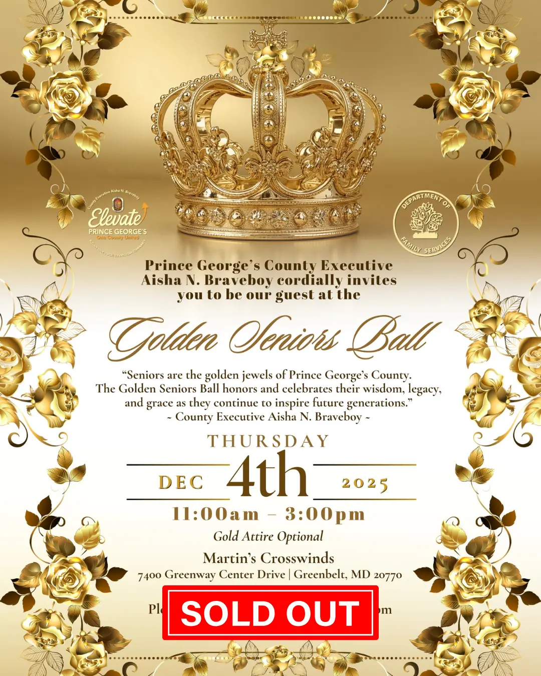 Golden Seniors Ball with gold and while gradient background, gold-colored flower borders, and sold out box