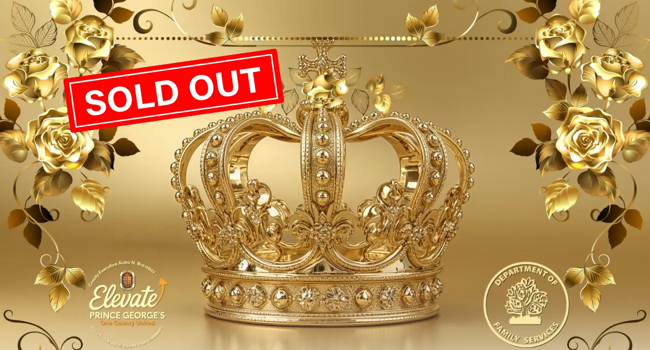 Golden Seniors Ball with gold and while gradient background, gold-colored flower borders, and sold out box