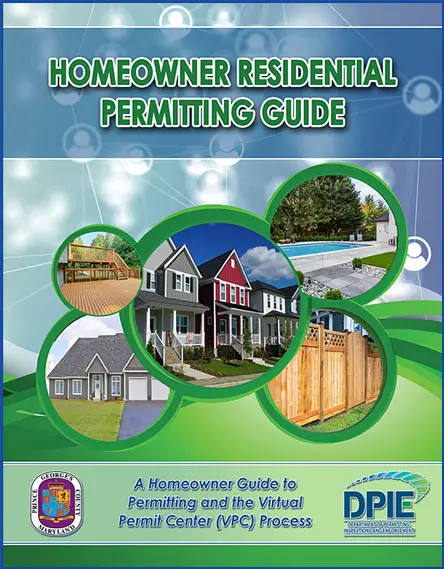 Homeowner Residential Permitting Guide Cover, photos of 5 residential permit types: decks, driveways, single-family dwelling, pools, fences contained in circles over blue network background, County and DPIE logos