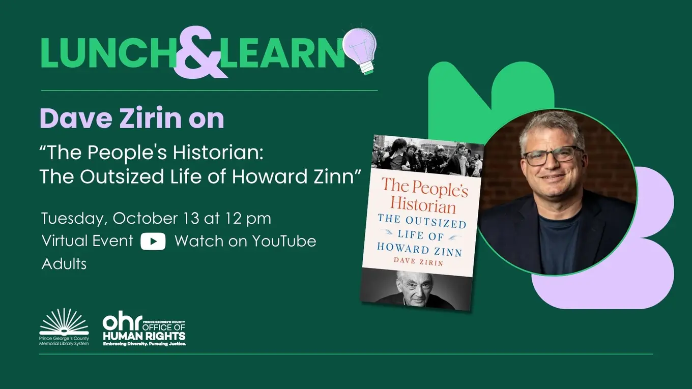 Green Lunch and Learn flyer featuring book jacket image of "The People's Historian" and a headshot of the author, a smiling white man in a blue suit.