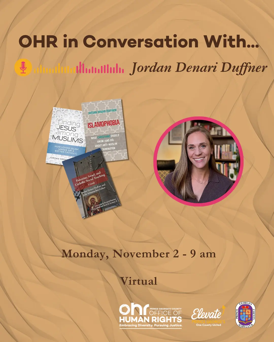 OHR in Conversation flyer with brown background, featuring a headshot of Jordan Denari Duffner, a white woman with long hair, and three book jacket covers