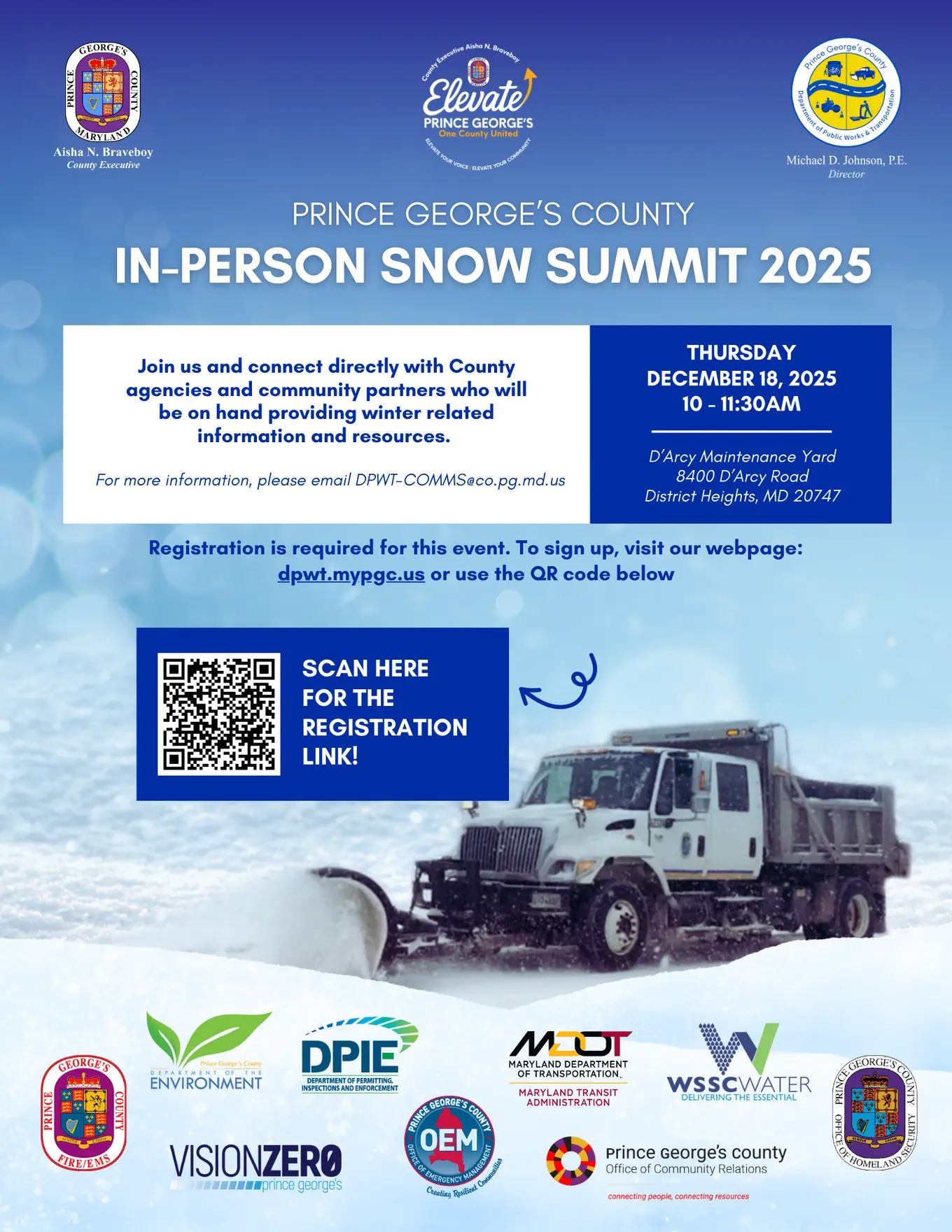 Winter themed flyer on event for DPW&T's Snow summit meeting happening on December 18, 2025 