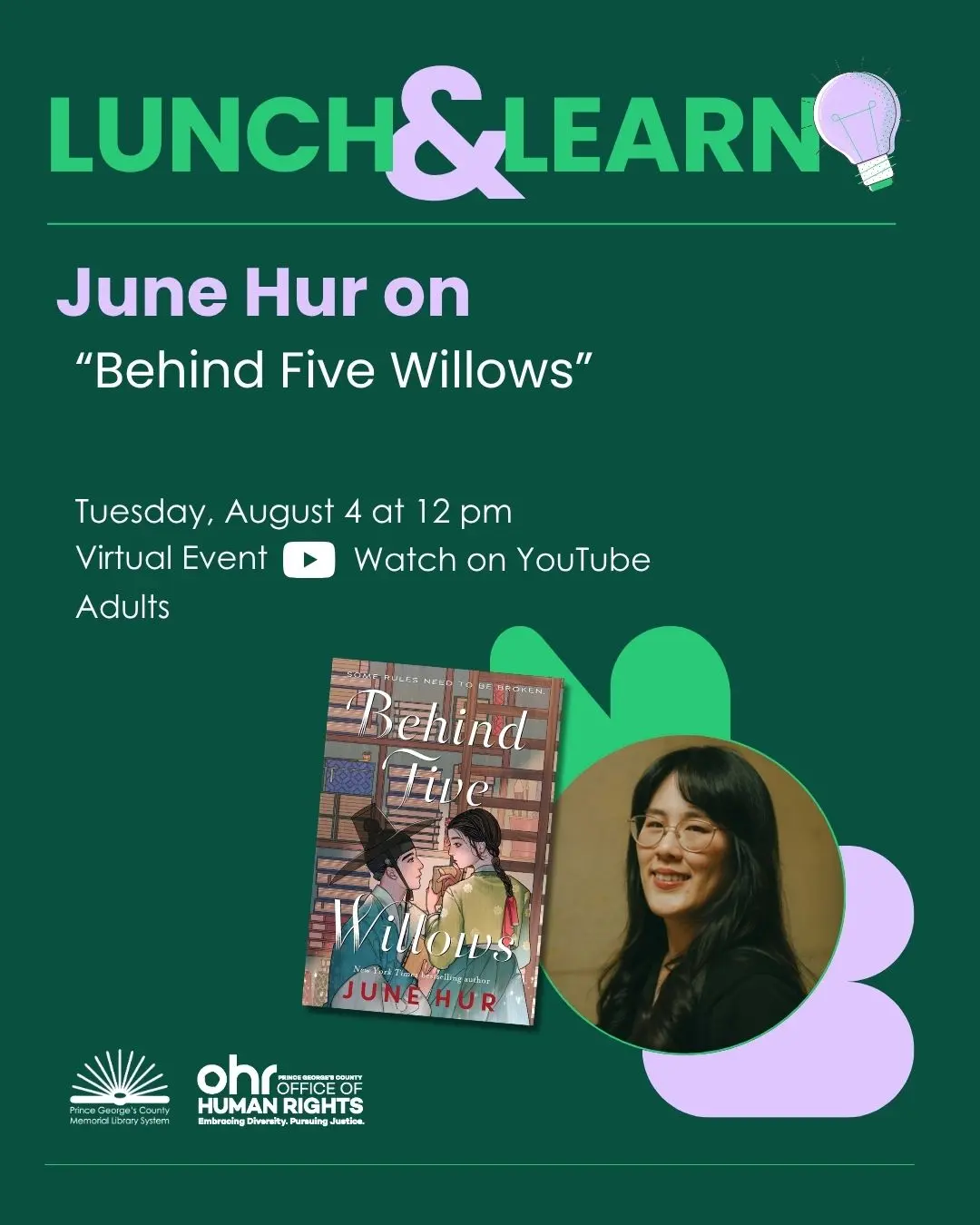 Green Lunch and Learn flyer with lavender text and image of book jacket and author photo