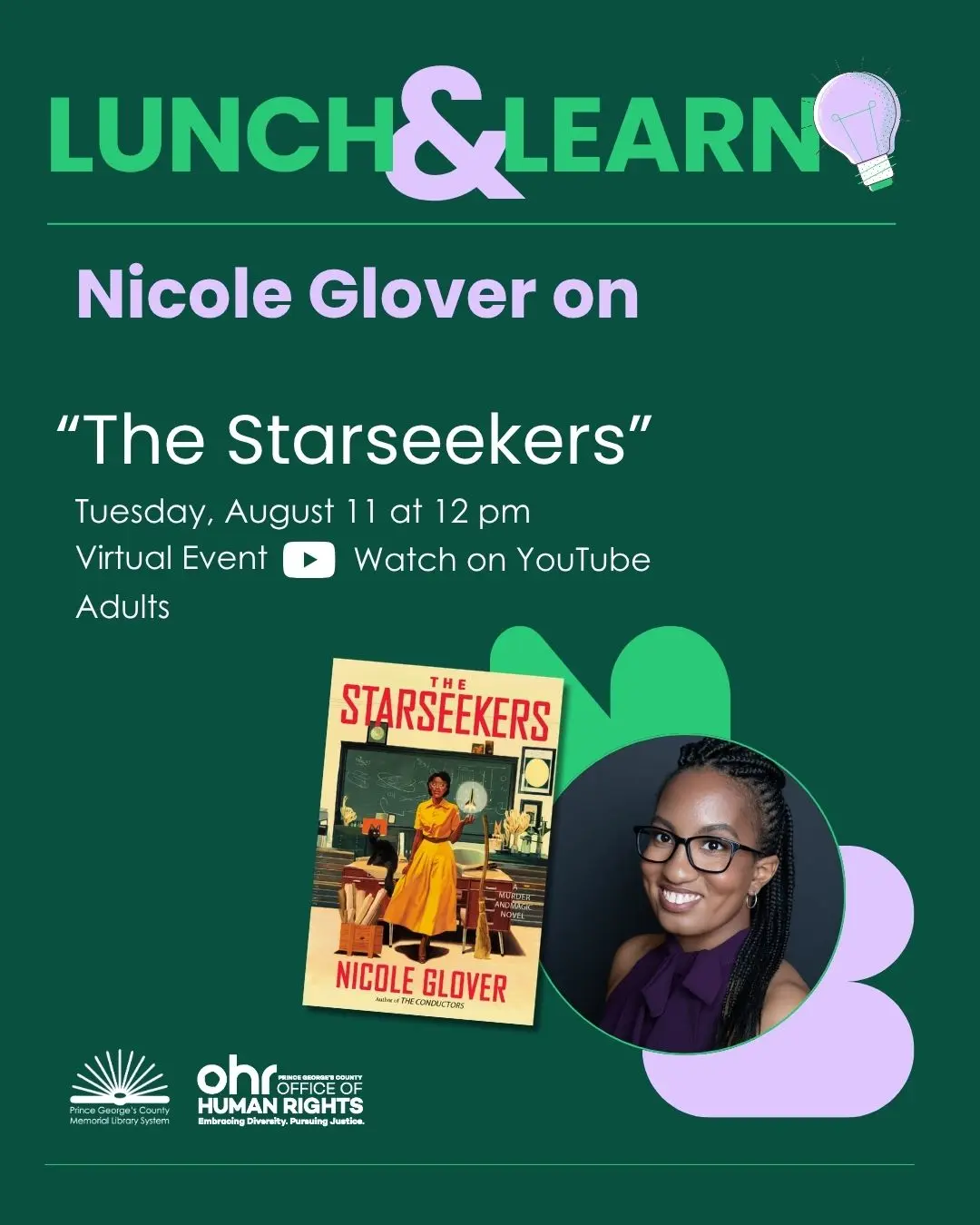 Green Lunch and Learn flyer featuring a book jacket image of "The Starseekers" and a headshot of the author, a Black woman wearing glasses.