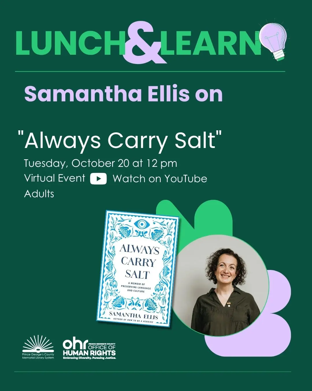 Green Lunch and Learn flyer featuring book jacket image of "Always Carry Salt" and a headshot of the author.