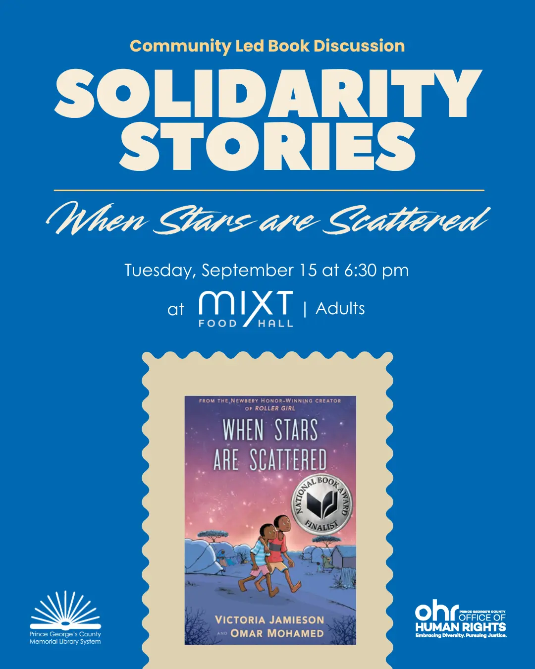Blue flyer with white writing advertising Solidary Stories book group, with an image of the book jacket for "When Stars are Scattered"