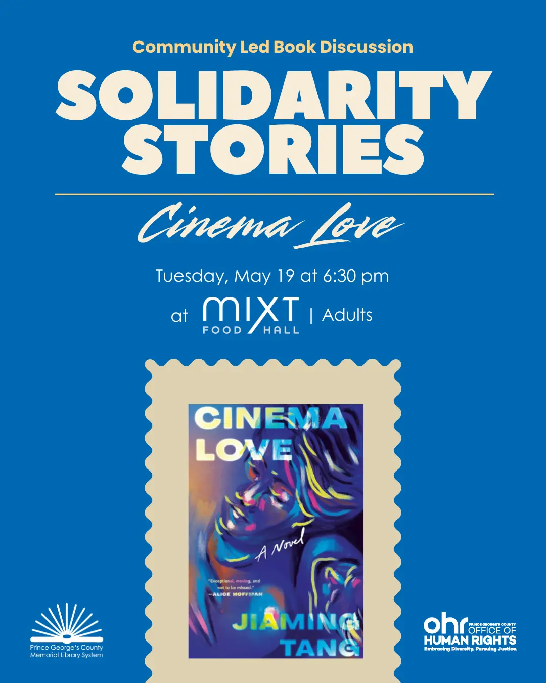 Blue Solidarity Stories graphic featuring jacket cover of the book "Cinema Love"