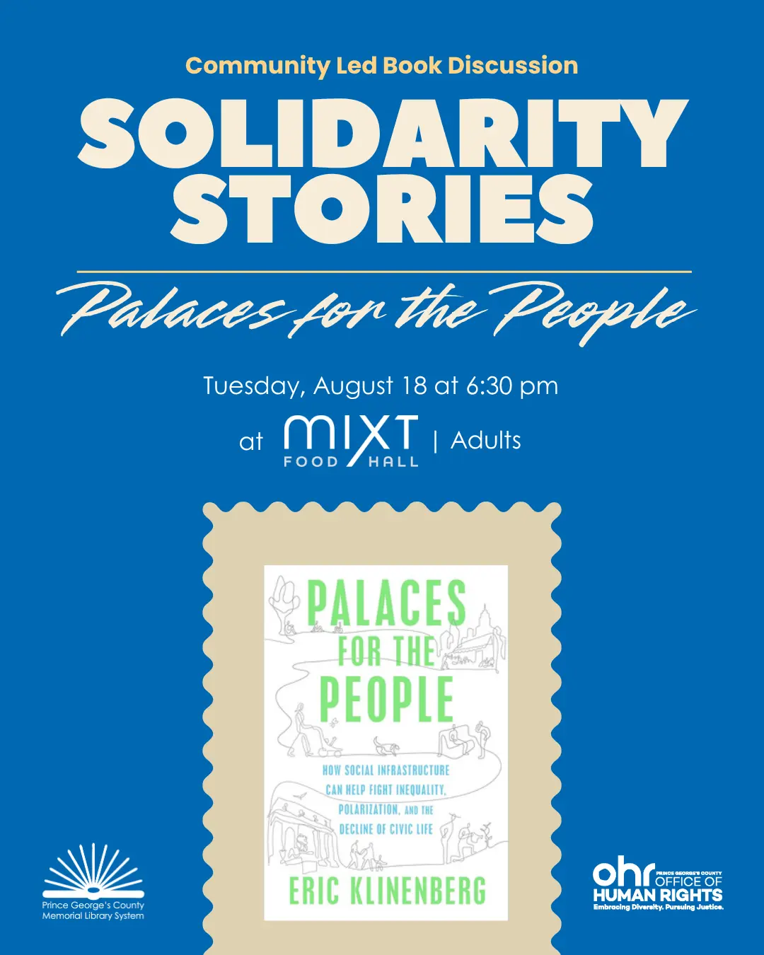 A blue flyer with white text featuring an image of the jacket cover for "Places for the People"