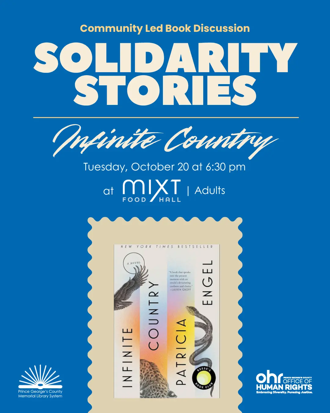 Blue Solidarity Stories graphic featuring jacket cover of the book "Infinite Country", which is designed to look like a postage stamp