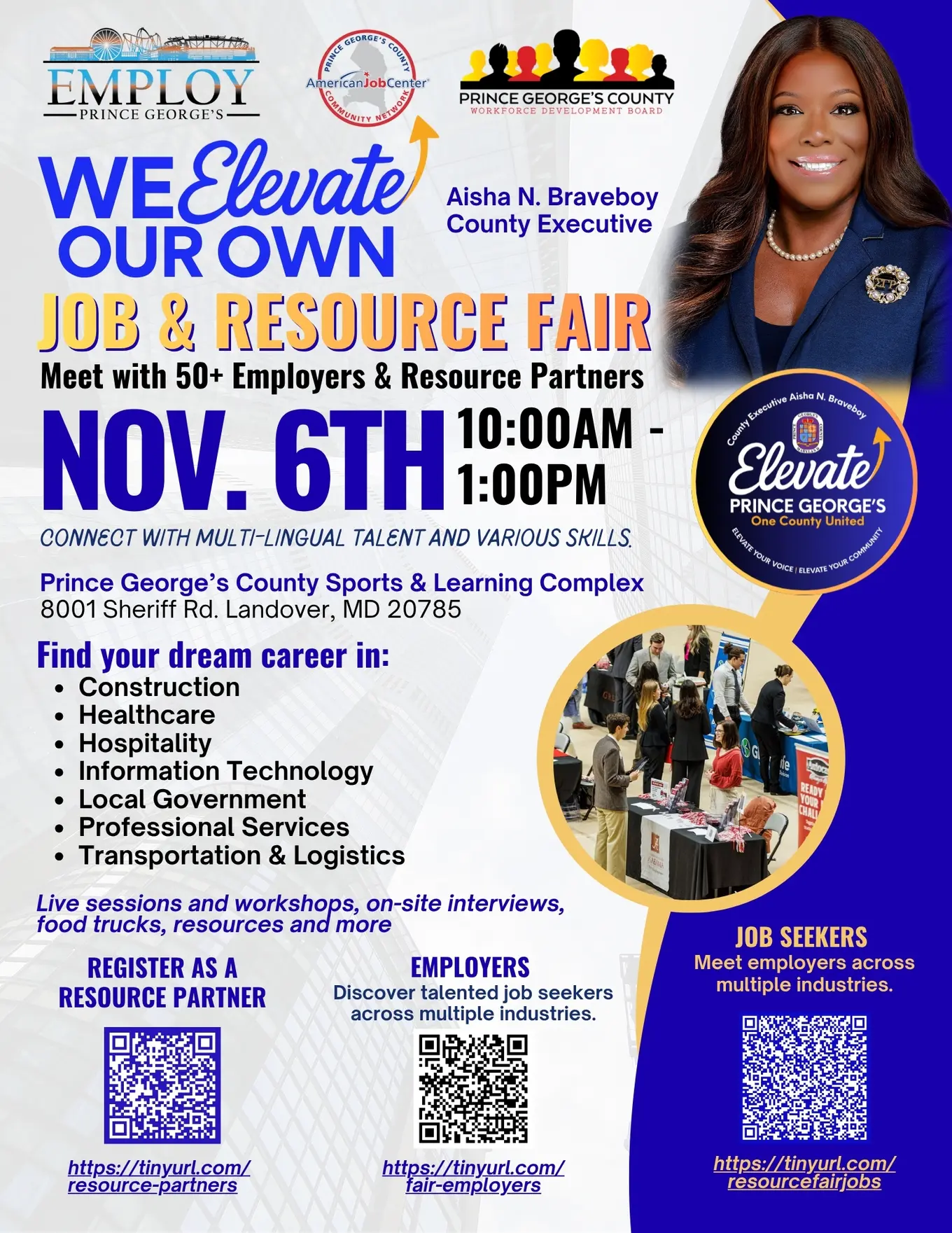 "We Elevate Our Own" Job & Resource Fair & Food Distribution County Executive Aisha Braveboy November 6, 2025 10 AM - 1 PM