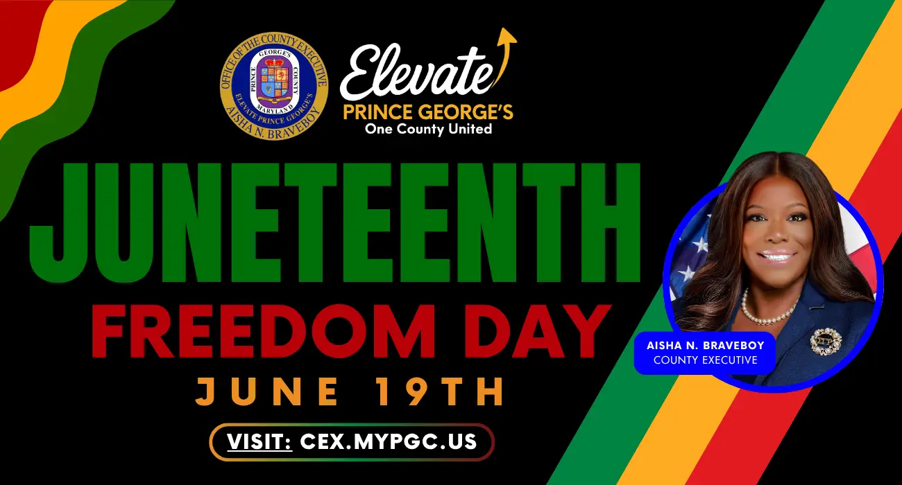 Juneteenth in green text, Freedom Day in red text June 19th in yellow text, Visit: cex.mypgc.us in white text with tricolor gradient ring, black background, photo of County Executive Braveboy inside blue circle with green, yellow, red angled stripes extending across right side, wavy similar stripes extending across top left, and County Executive seal and Elevate logo at top 