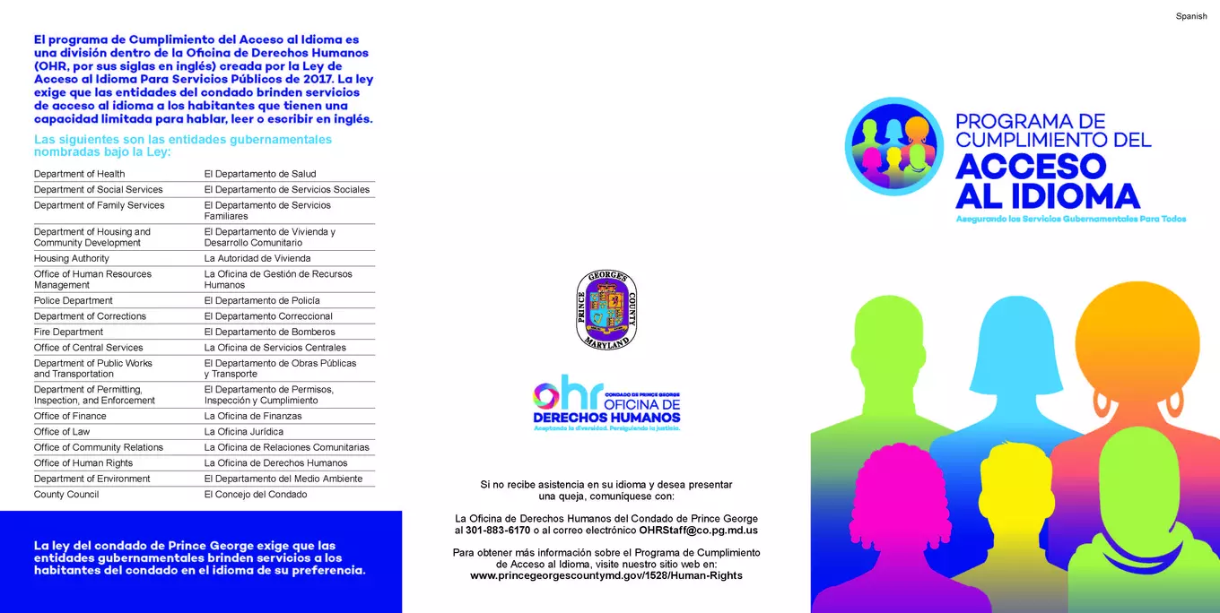 Example of a Language Access brochure in Spanish (side one)