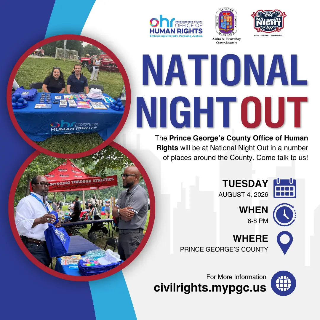A flyer for National Night Out with blue text on a white background, with two circular pictures showing people at tables with Office of Human Rights materials