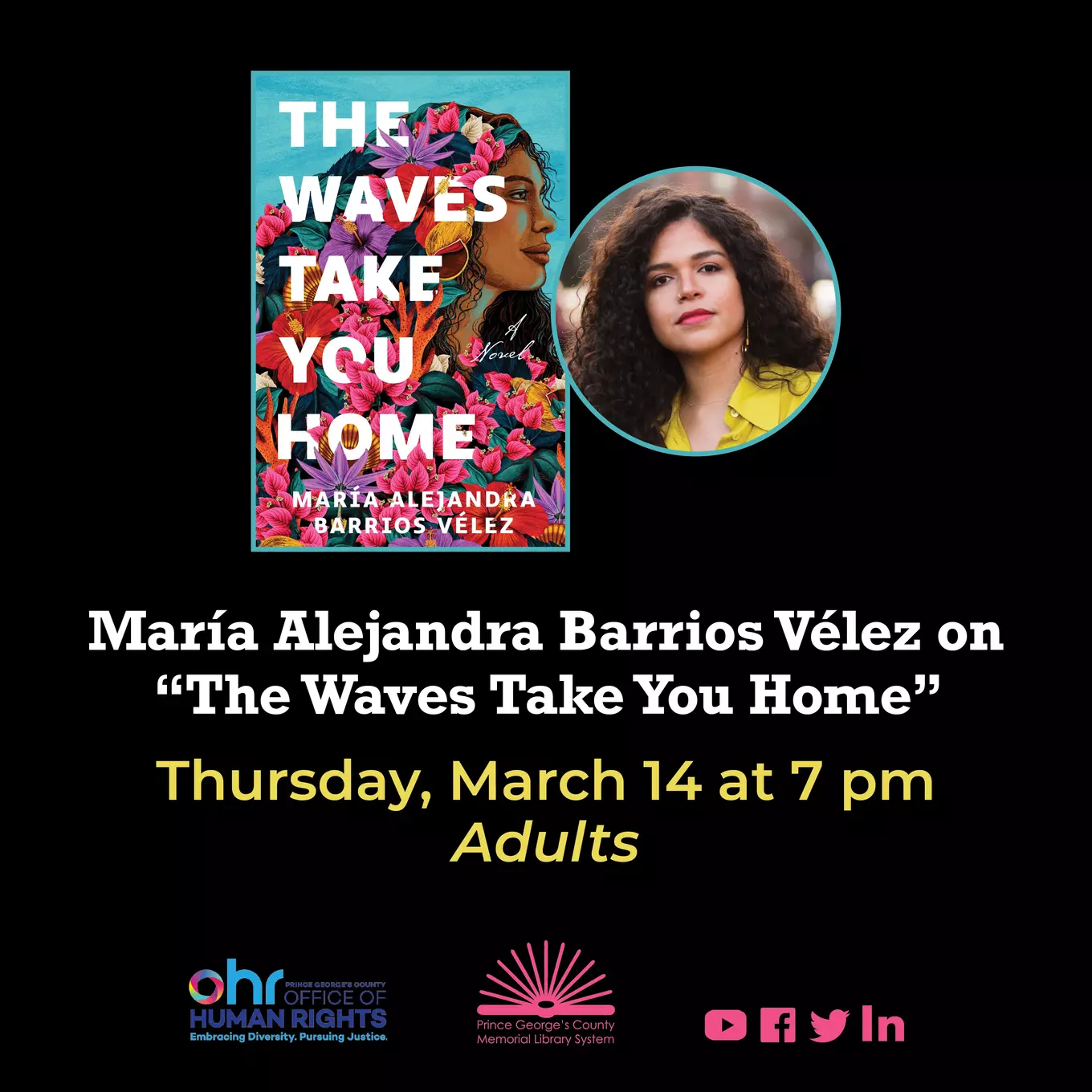 Flyer for "The Waves Take You Home" - Thursday, March 14 at 7 pm featuring image of author and book cover