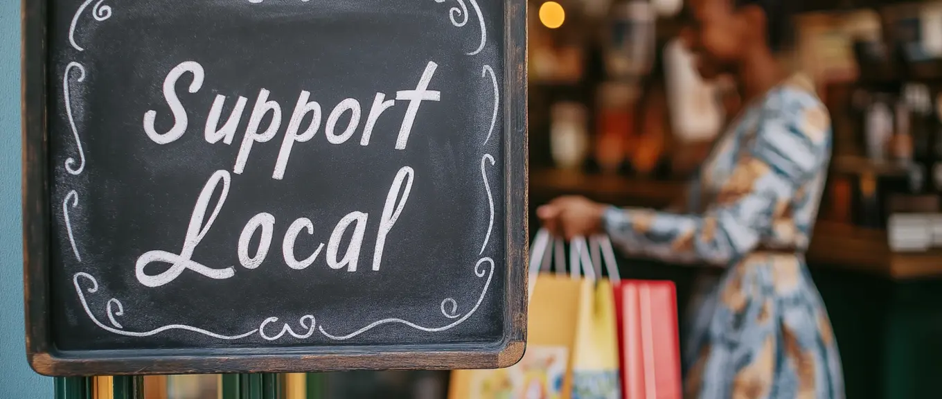 Photo of a sign that reads Support Local on the front of a small business. A woman is shopping in the background.