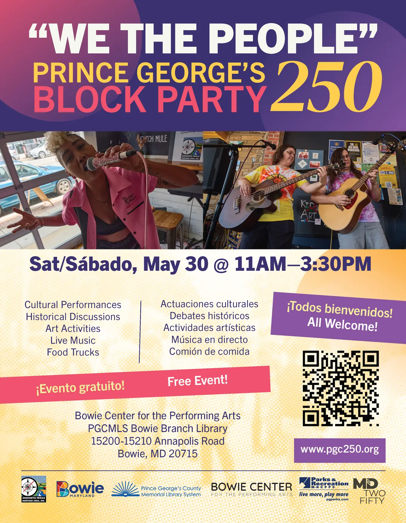 Flyer in English and Spanish for PG250 Block Party, including address, a QR code for registration, and a description of activities