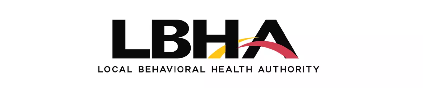 A banner of the Local Behavioral Health Authority logo with yellow and red accents.