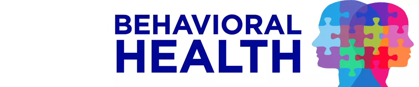 A header with the words Behavioral Health in navy blue, with a graphic of two heads combined with colorful puzzle pieces.
