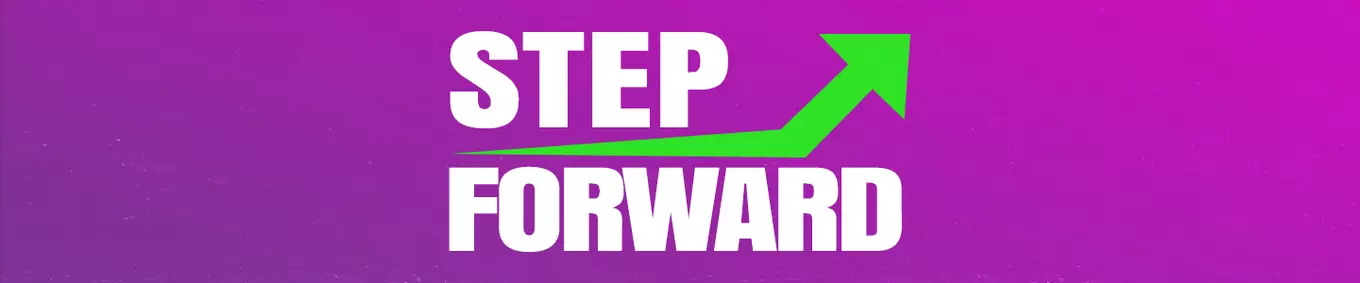 The step forward logo with a purple background and the green arrow pointing upwards.