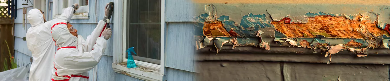 An collage of people inspecting the paint on the outside of a house for lead, and lead paint crackling on the side of the house.