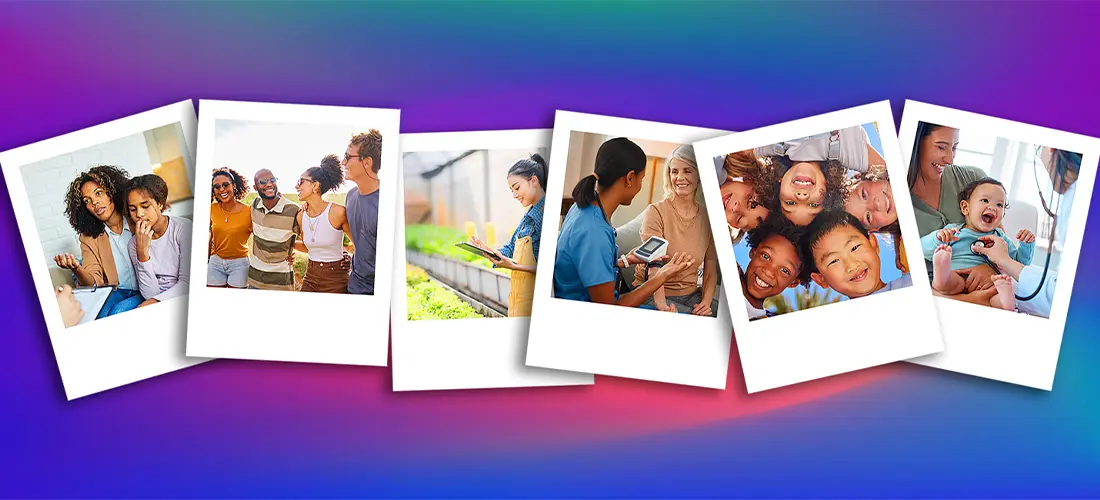 Six photographs with people doing healthy activities. 