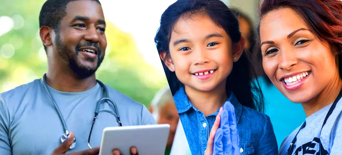 A health professional on the left providing information at a health fair, and another health professional on the right giving a happy child a high-five.