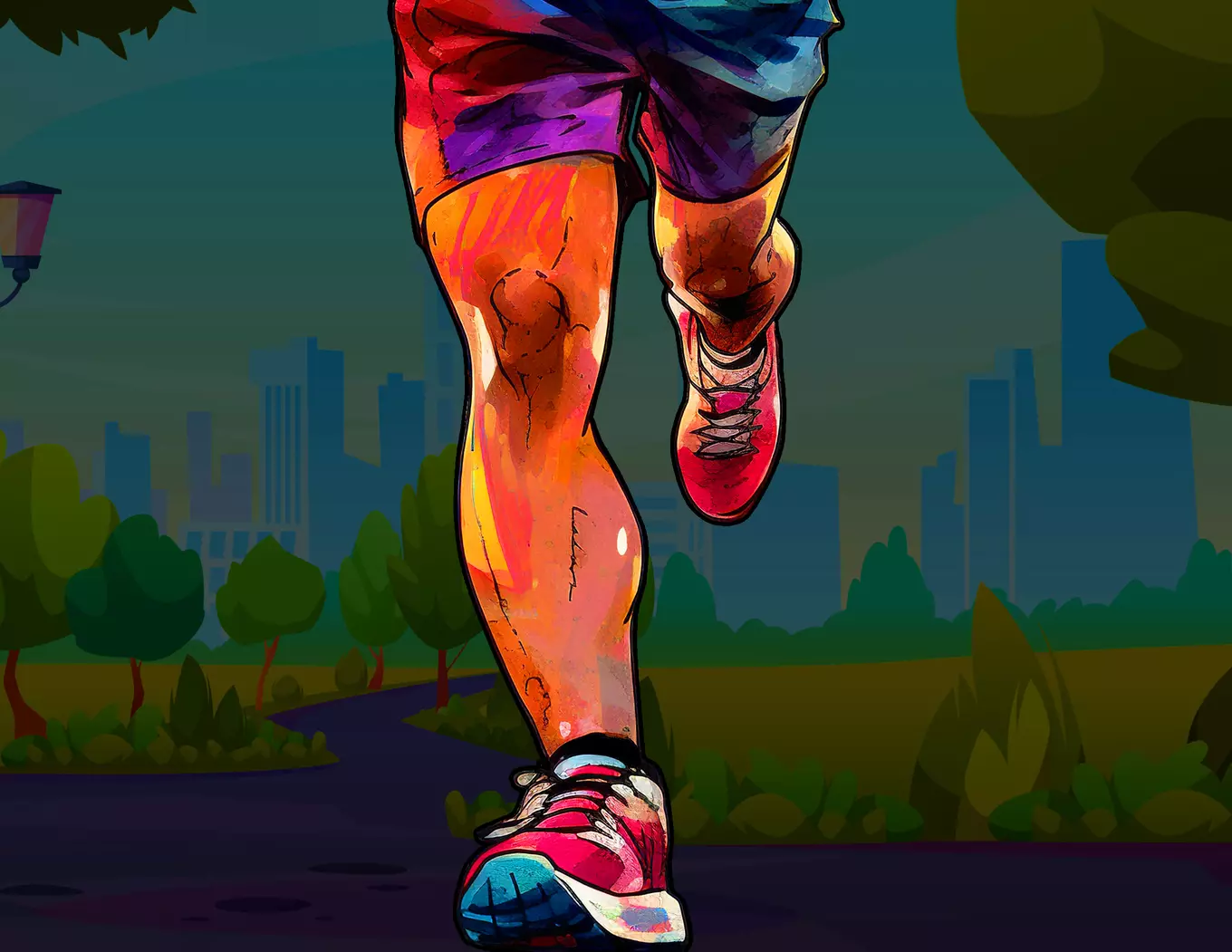 An artistic depiction of someone running in the park.