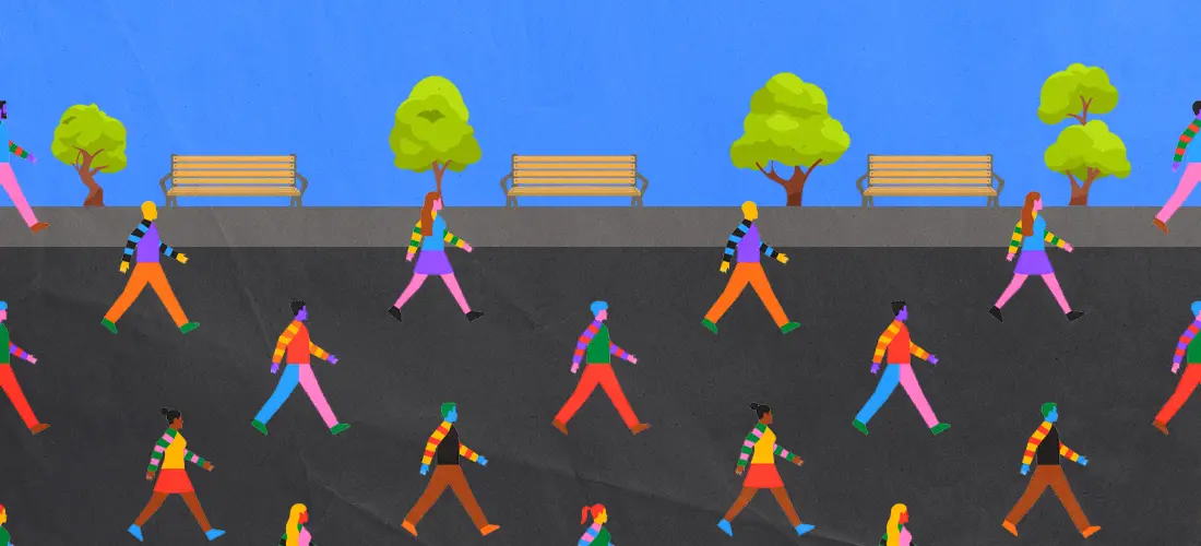 Illustrated image of a group of people walking outdoors