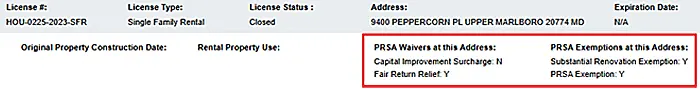PRSA information chart shows license number, type, and status for the address, plus expiration date