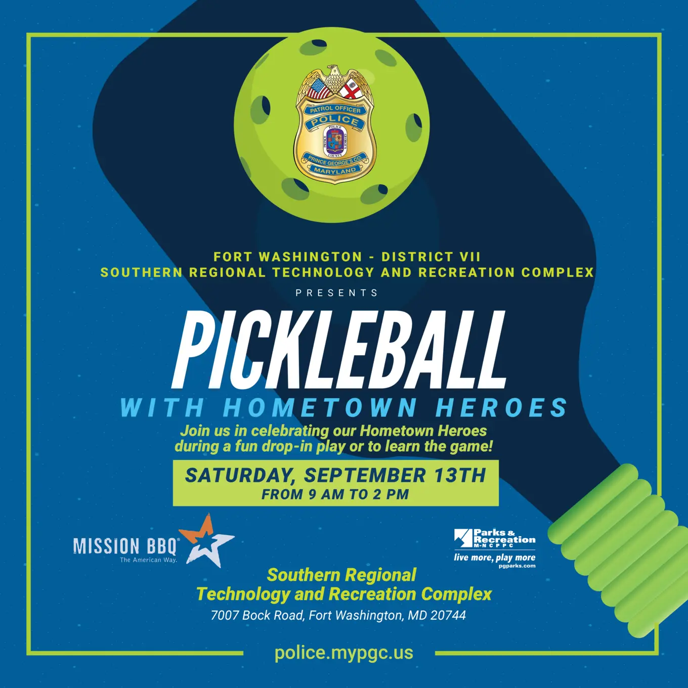 Pickleball with the police features one paddles and a green pickleball, showcasing three logos: the police badge and Maryland Parks and Planning, and Missions BBQ.