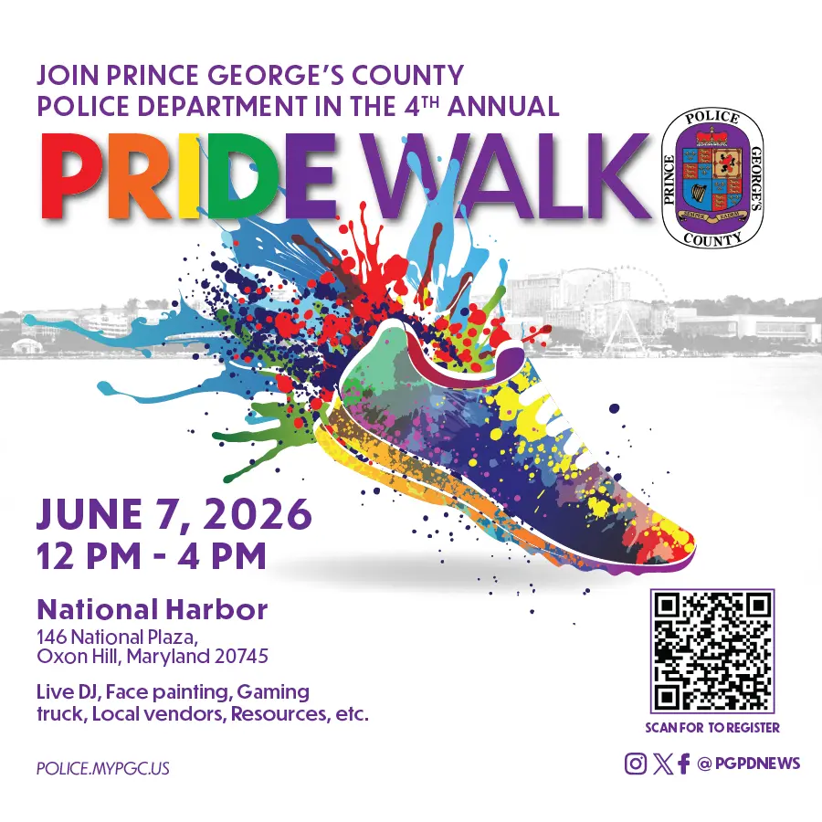 a flyer with a white background featuring a colorful running shoe with paint splashing out of it and the words PRIDE WALK in rainbow colors