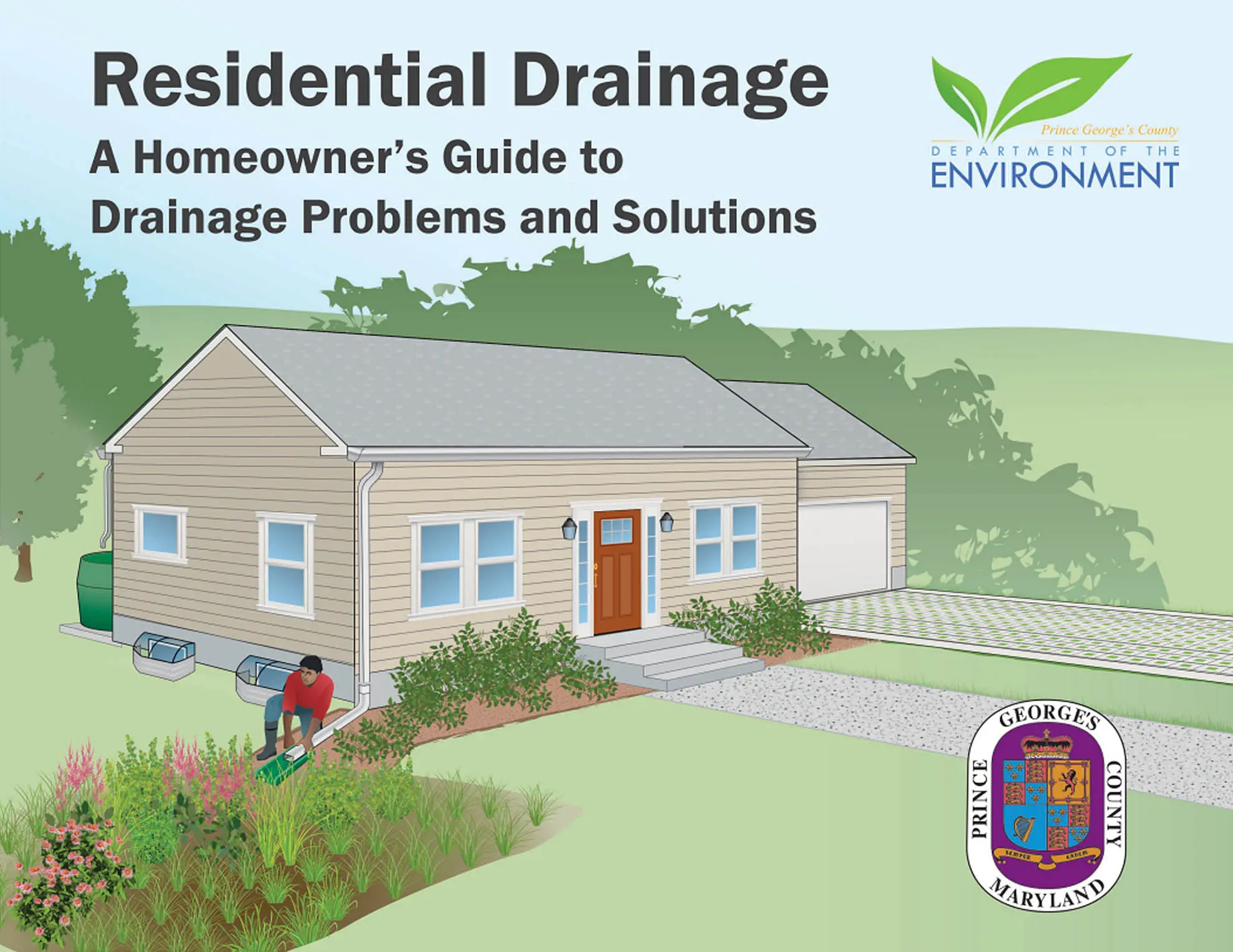 Residential Drainage Manual, illustration of house, man working on gutters