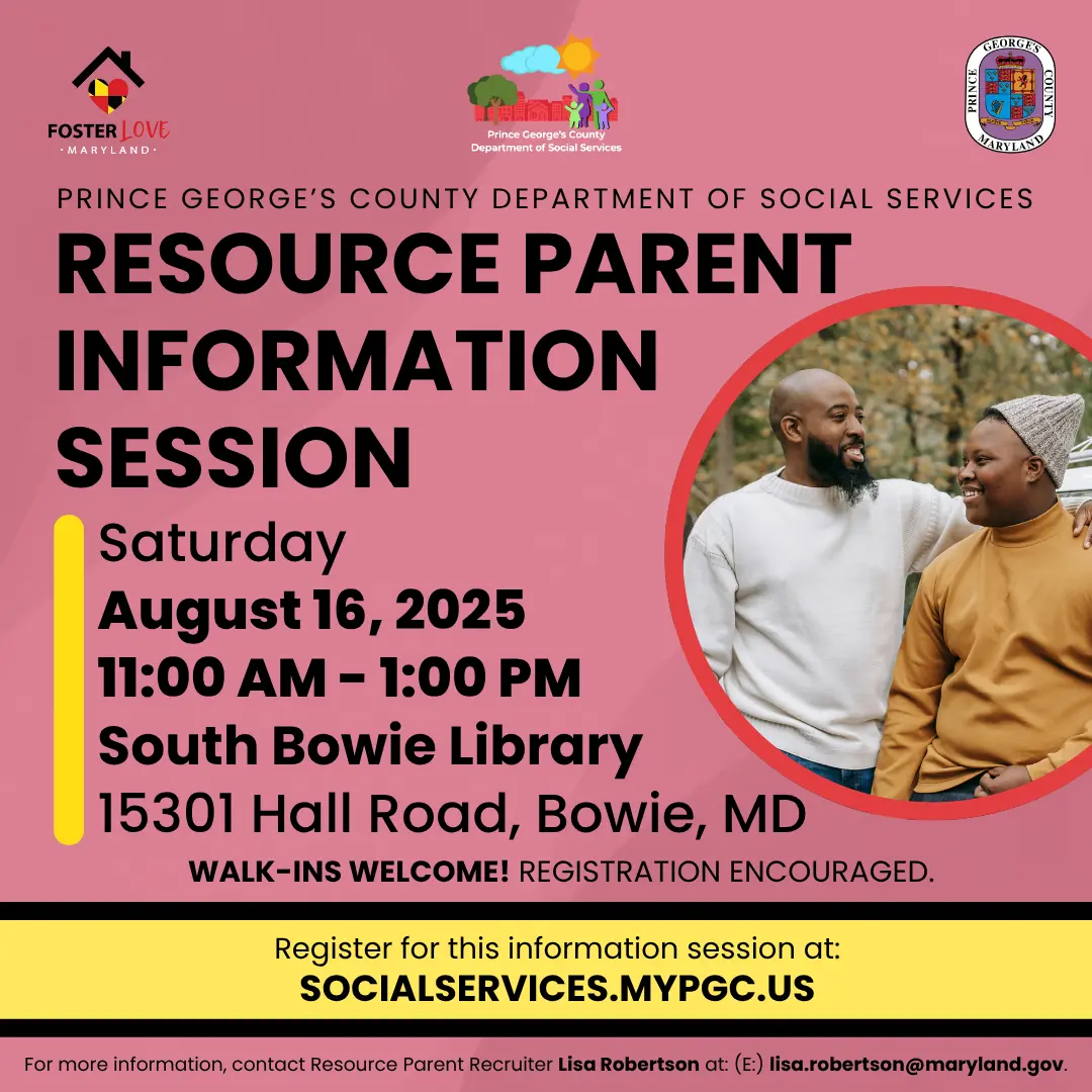 Flyer for a resource parent information session on August 16, 2025 at South Bowie Library hosted by PGCDSS.